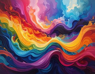 A vibrant, dynamic abstract piece features swirling, colorful forms, creating a sense of movement and energy.