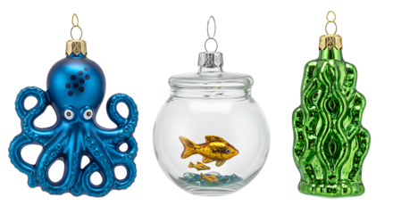 Set of three colorful glass Christmas ornaments shaped like an octopus, a fish in a bowl, and a green cactus, perfect for unique holiday decoration