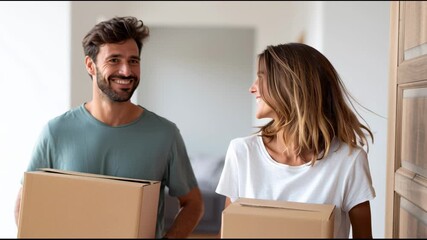 Young couple moving into spacious apartment, carrying cardboard boxes while sharing bright smiles and excitement about launching shared living space together