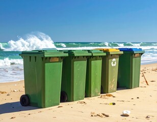 Colorful recycling bins stand on a sunny beach, facing the ocean waves.