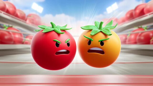 Two cartoon tomatoes are in a fight, one of them is angry and the other is smiling. The angry tomato is red and the smiling one is orange
