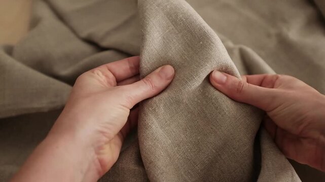 Closeup video of hands touching rough linen fabric. Appreciating texture of natural textile for clothes. Natural organic textile.