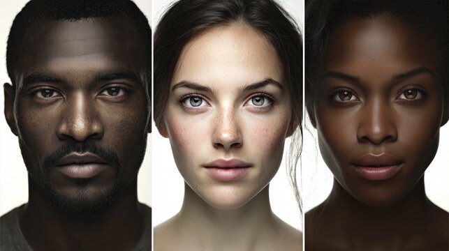 Photorealistic portraits of people of different ethnic backgrounds side by side, neutral expressions, plain background, generative ai illustration - Powered by Adobe