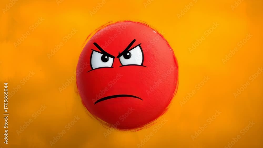 Poster Red angry face with a frowning expression. The face is surrounded by a yellow background. Scene is negative and angry
