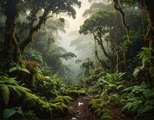 A misty, verdant rainforest valley, teeming with lush vegetation and draped in a tranquil atmosphere.