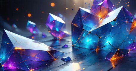 Fractured crystals glow, vibrant blues, purples dominate. Orange lines connect facets, creating dynamic light effects. Dark background emphasizes luminosity.