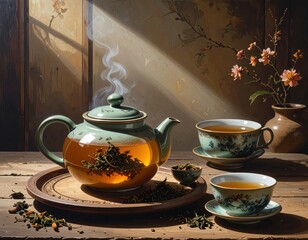 A still life composition showcasing a steaming tea pot and cups filled with aromatic herbal tea, bathed in warm sunlight, evoking a serene and inviting atmosphere.