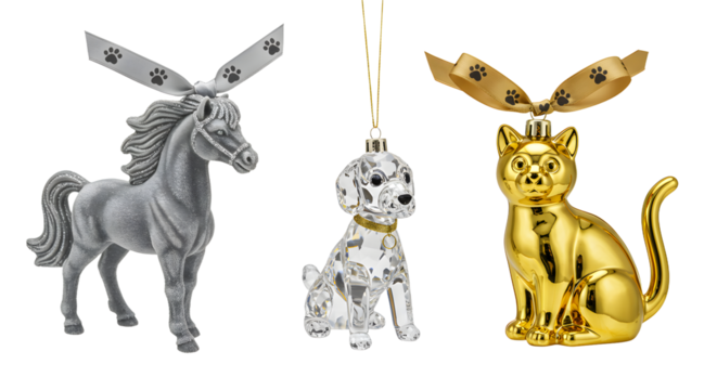 Set of three Christmas ornaments including a gray unicorn, crystal dog, and gold cat hanging on ribbons, perfect for festive holiday decoration - Powered by Adobe