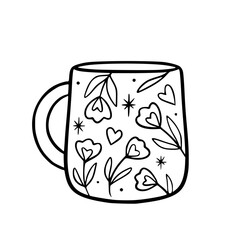 hand-drawn floral and heart mug vector illustration