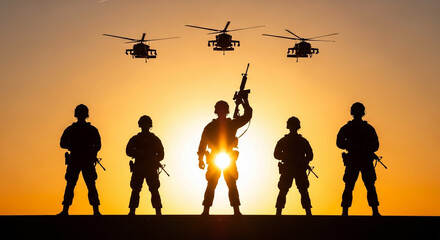 Photo of silhouetted soldiers stand guard with helicopters flying overhead during a dramatic sunset
