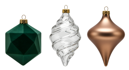 Set of three elegant Christmas tree ornaments in green, clear spiral, and bronze with gold caps for holiday decoration and festive design