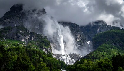 Fototapeta premium Majestic mountain range with multiple waterfalls cascading down, enveloped in mist under a dramatic, cloudy sky