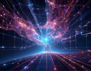Digital background perfect for tech processes, neural networks, artificial intelligence, data transfer and encryption, digital archives, sound and graphic presentations, science, education, etc.