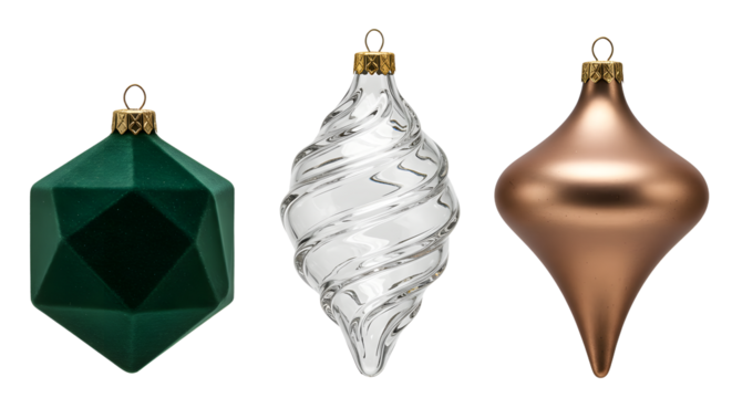 Set of three elegant Christmas tree ornaments in green, clear spiral, and bronze with gold caps for holiday decoration and festive design - Powered by Adobe