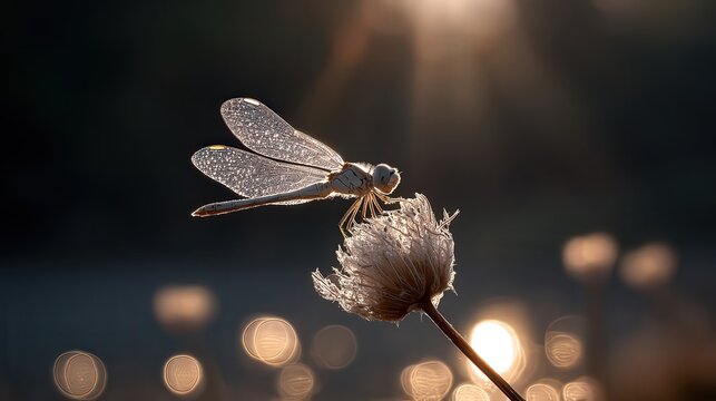 A delicate dragonfly rests on a dandelion puff against a softly glowing background, capturing the essence of nature's tranquility, Perfect for themes in nature, serenity, or wildlife conservation,