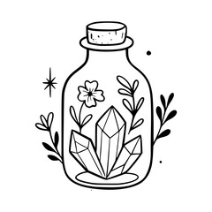 witchy bottle with healing crystals and flowers