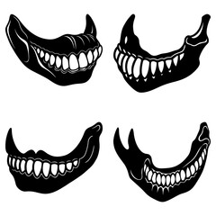 Fototapeta premium Four stylized black and white drawings of skeletal jaws with teeth in different orientations and styles