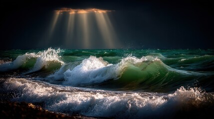 Waves crash against the shore under dramatic lighting, with sunlight breaking through dark clouds, This image can be used for themes of nature, calmness, or renewal in various media,