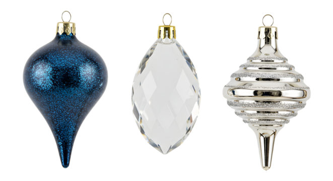 Three elegant Christmas tree ornaments in blue, white, and silver colors with unique shapes, perfect for holiday decoration and festive celebrations