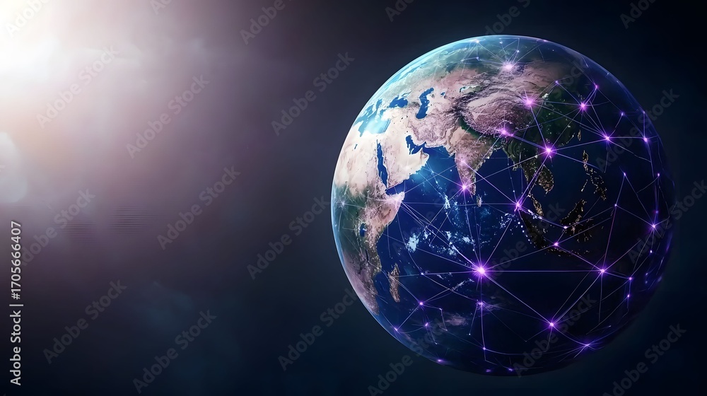 Poster the image shows a digital representation of the earth against a dark background with points of light