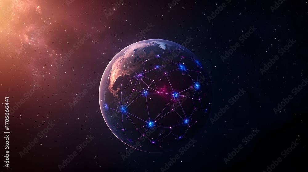Poster the image shows earth in space with digital connections overlaying it, creating a network-like appea