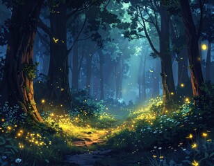 A magical forest path glows with fireflies at night, creating an enchanting and serene atmosphere.