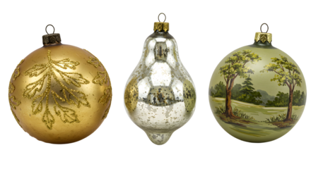Set of three vintage glass Christmas tree ornaments with gold leaf patterns and scenic landscape design, perfect for holiday decorations