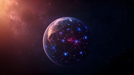 Obraz premium The image shows Earth in space with digital connections overlaying it, creating a network-like appearance against a backdrop of stars and distant nebulas, all rendered in cosmic tones.