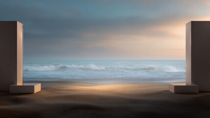 Minimalist modern architecture with geometric concrete walls framing ocean sea view at sunset sunrise, contemporary design structure with open space overlooking horizon
