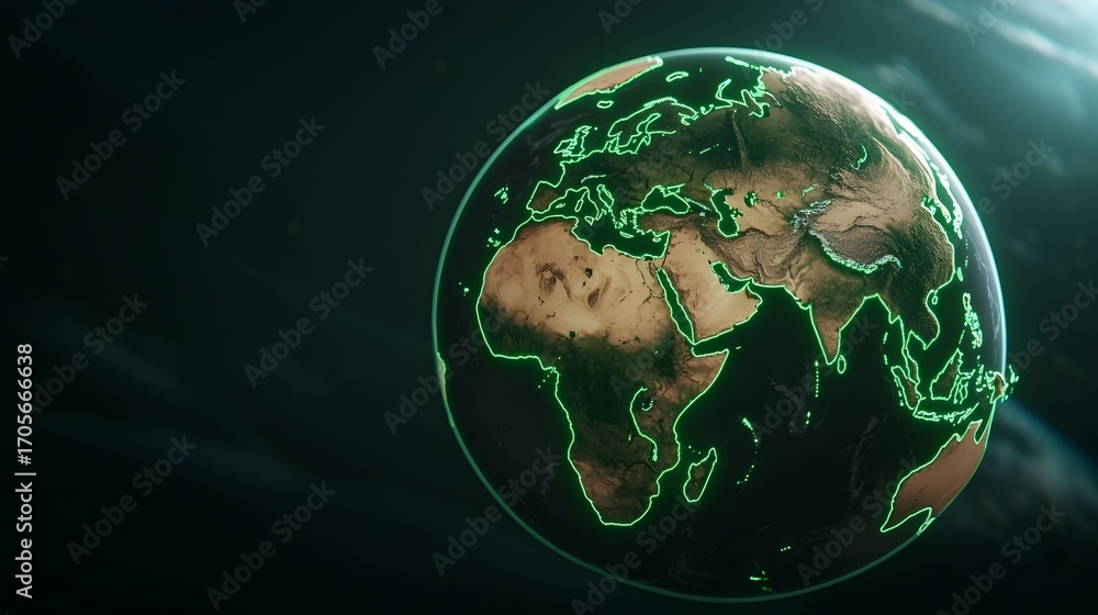 Poster the image shows a digital rendering of planet earth with a dark background and bright green glowing 