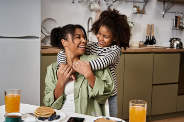 Mom and daughter share joyful breakfast moments in a cozy home kitchen