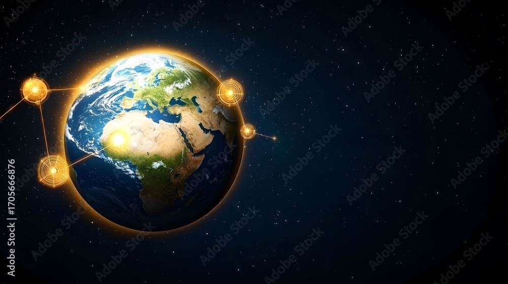 Aufkleber a digital earth is displayed against a star-filled sky, showing continents, and glowing nodes with c
