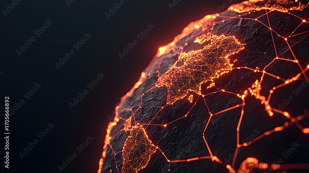 Poster the image features a digital rendering of a portion of earth, with glowing orange lights outlining c