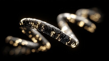 A glowing, twisted structure made of binary code segments reflects technology and innovation, ideal for digital marketing, tech presentations, or futuristic designs,