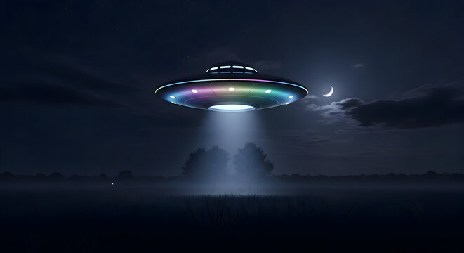 Mysterious ufo hovers over foggy field under crescent moon in the dark night scene - Powered by Adobe