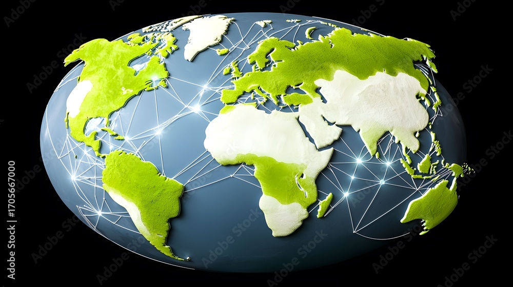 Poster the image shows a stylized globe with continents in green and white, interconnected by a network of 