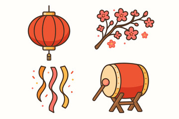 Vibrant collection of traditional Asian celebration elements including a red lantern, blooming cherry blossom branch, festive confetti, and a ceremonial drum