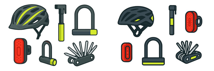 Bicycle accessories collection featuring safety helmets, tire pumps, security U-locks, tail lights, and multi-tools for cycling