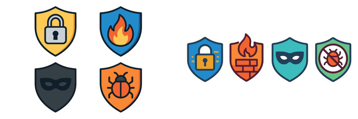 Fototapeta premium Cybersecurity protection symbols for digital safety, including firewall, antivirus, and hacker defense