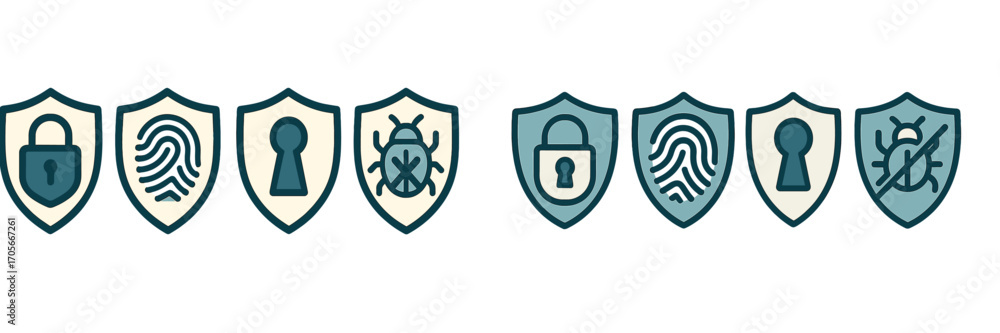 Poster comprehensive set of digital security and privacy shield icons featuring padlock fingerprint keyhole