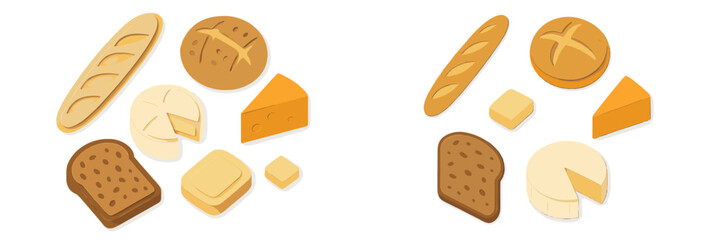 Freshly baked bread, an assortment of various cheeses, and blocks of butter arranged in a unique layered paper art style