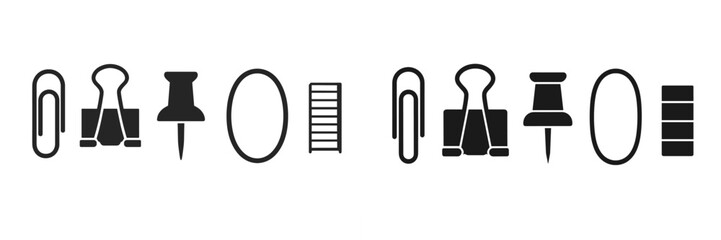 Set of essential office supplies including paper clips, binder clips, thumbtacks, rubber bands, and staples