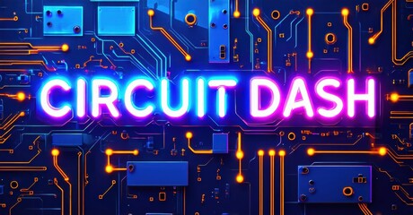 Bright neon text over complex circuit board pattern. Futuristic design, vibrant colors, technology theme dominates image.
