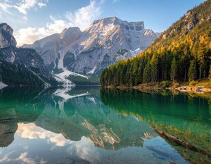 Picturesque alpine lake reflecting serene mountains and forests, showcasing a stunning mirroring effect.