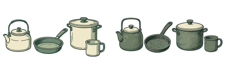 Diverse collection of kitchen cooking utensils and enamelware, showcasing kettles, pots, frying pans, and mugs