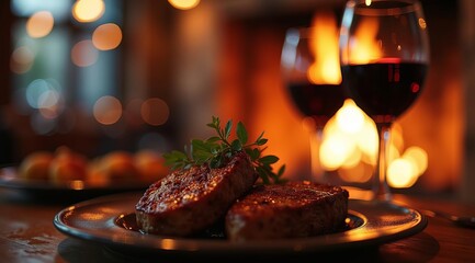 2 steaks on a plate at home by the burning fireplace in the evening with 2 glasses of wine on the table