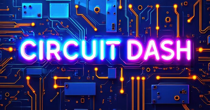 Bright neon text over complex circuit board pattern. Futuristic design, vibrant colors, technology theme dominates image. - Powered by Adobe