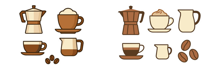 Stylized icons of coffee makers, cups with espresso and cappuccino, milk jugs, and roasted coffee beans