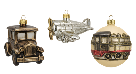 Vintage Christmas ornaments shaped like a classic car, airplane, and tram ball, perfect for retro holiday decorations