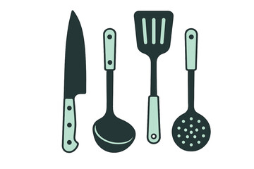 Essential kitchen cooking tools including a chef's knife, soup ladle, slotted spatula, and skimmer